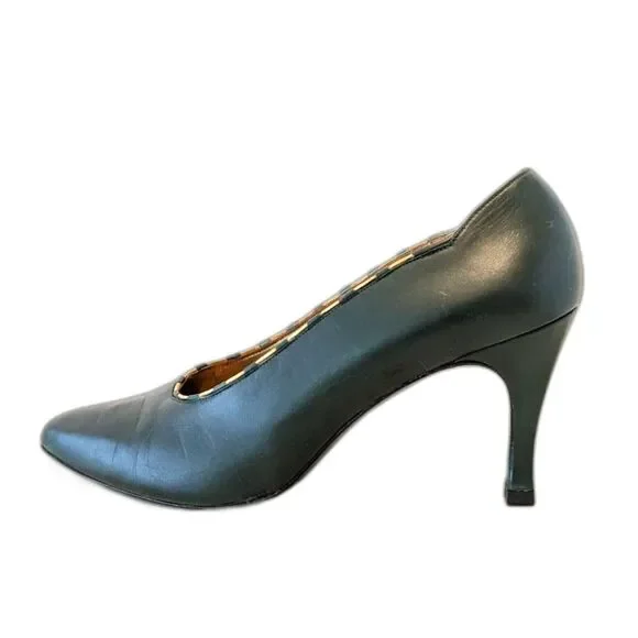 VINTAGE 80s STUART WEITZMAN for Mr. Seymour Forest Green Gold Chain Pumps Sz. 11 - Picture 7 of 12